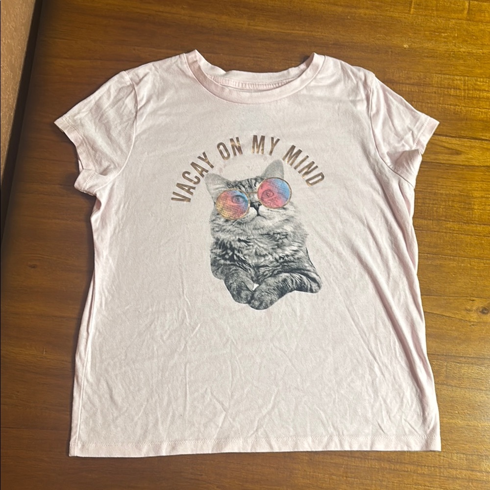 Pink Short Sleeve Tee with Cat Graphic